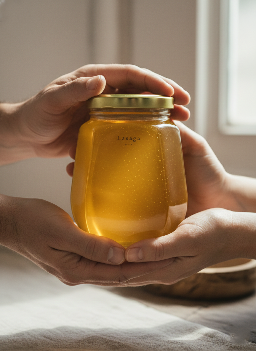 Holding Lasaga Honey Jar
